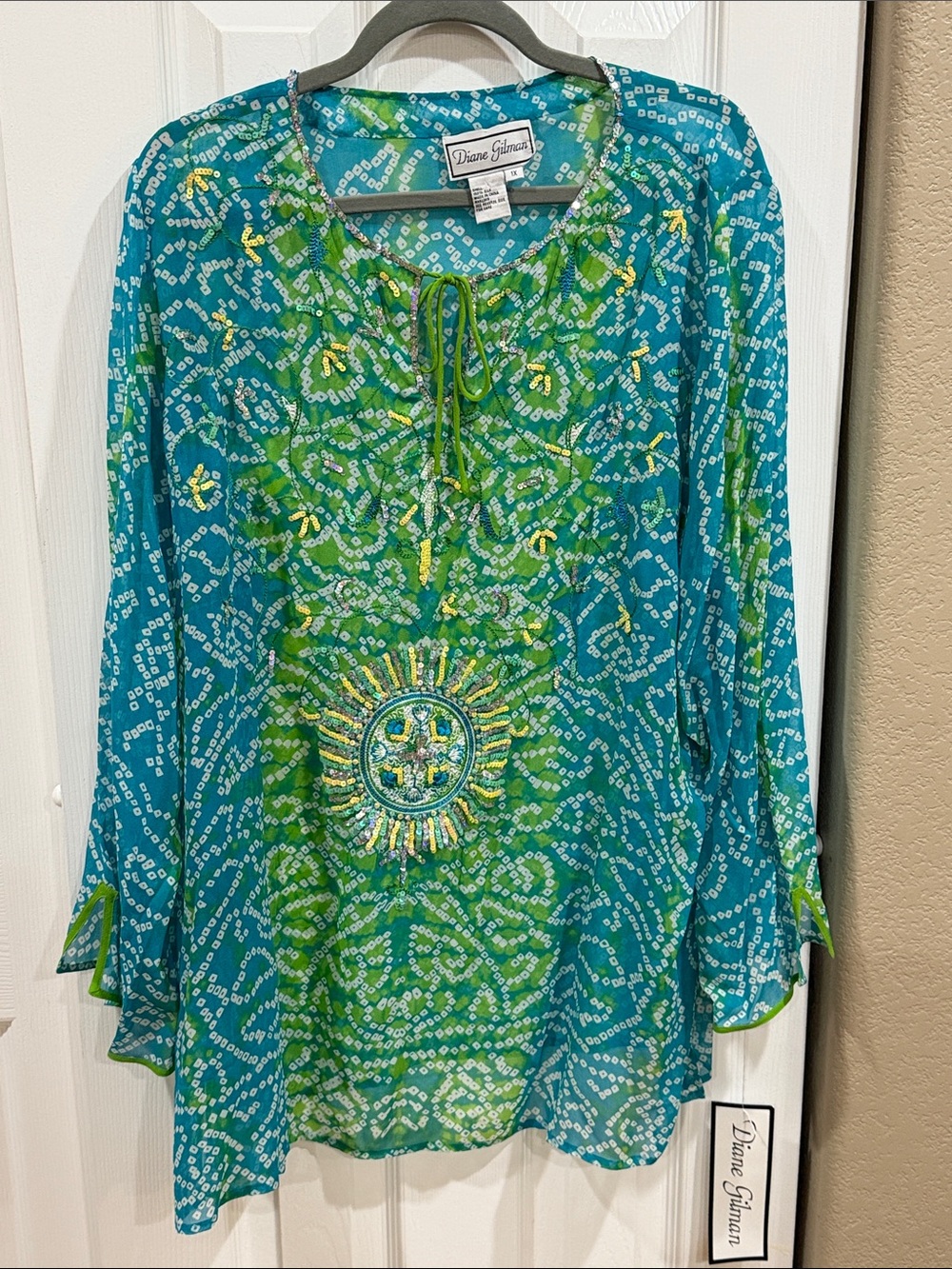 Diane Gilman Teal & Green Embellished Tie-Neck Tunic size 1x